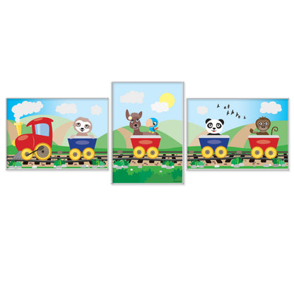 posterset "abenteuerreise", 3 verschiedene motive (faultier, reh, panda und affe in eisenbahn), bunte optik