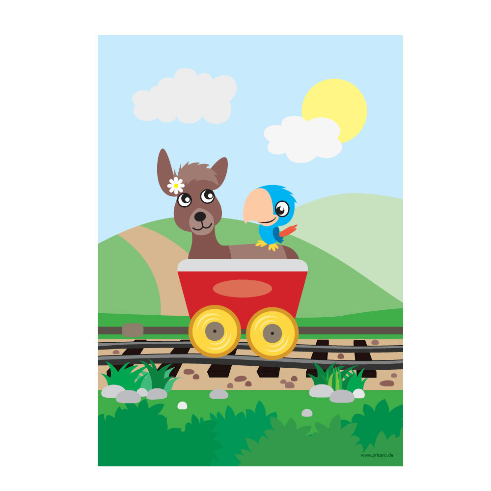 posterset "abenteuerreise",motiv reh mit papegei in eisenbahn, bunte optik