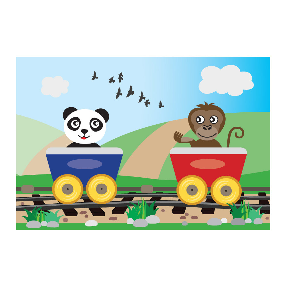 posterset "abenteuerreise",motiv panda und affe in eisenbahn, bunte optik