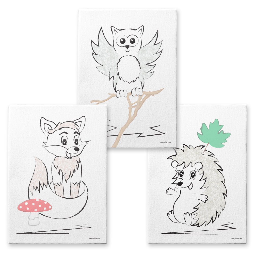 leinwand set "waldtiere", 3 verschiedene tiere auf weißem hintergrund (fuchs, eule und igel)