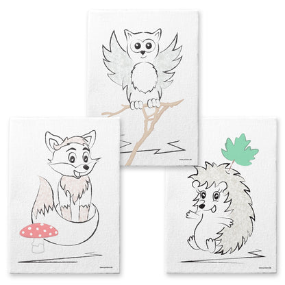 leinwand set "waldtiere", 3 verschiedene tiere auf weißem hintergrund (fuchs, eule und igel)