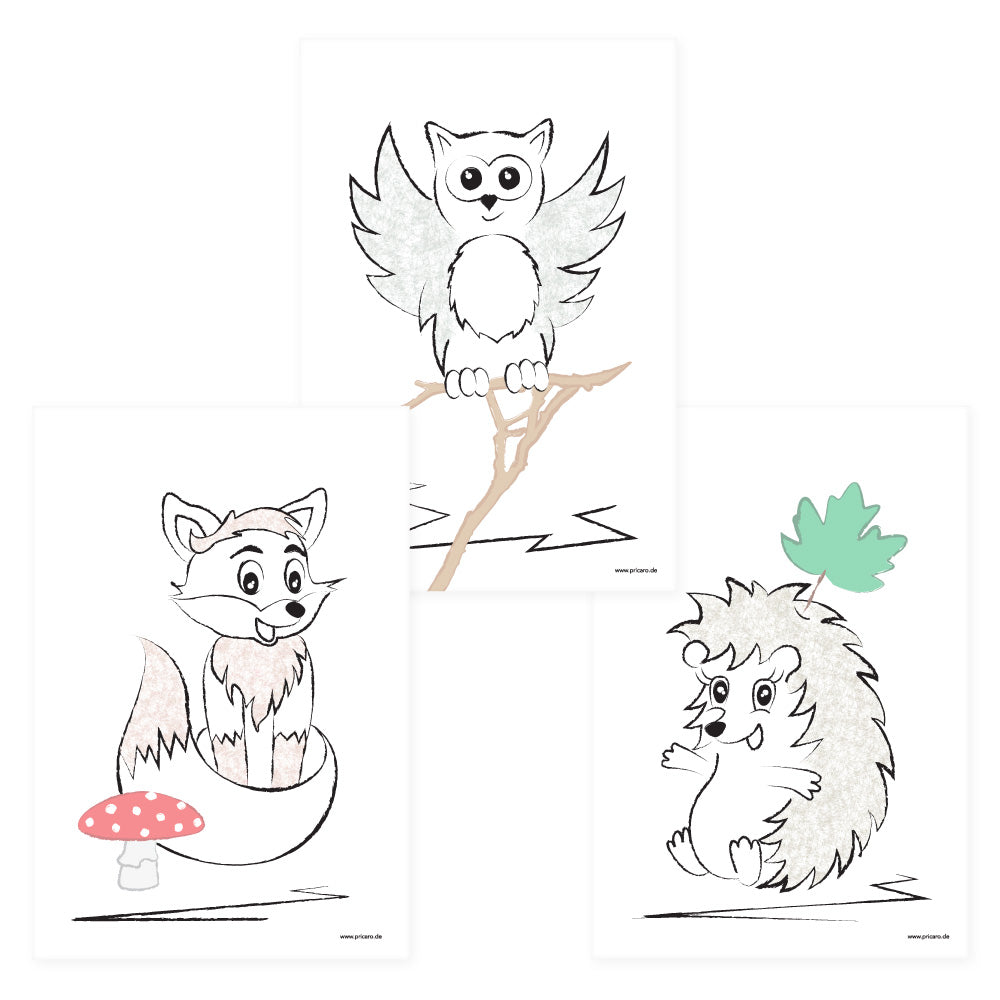 posterset "waldtiere", 3 verschiedene tiere auf weißem hintergrund (fuchs, eule und igel)