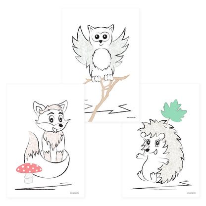 posterset "waldtiere", 3 verschiedene tiere auf weißem hintergrund (fuchs, eule und igel)