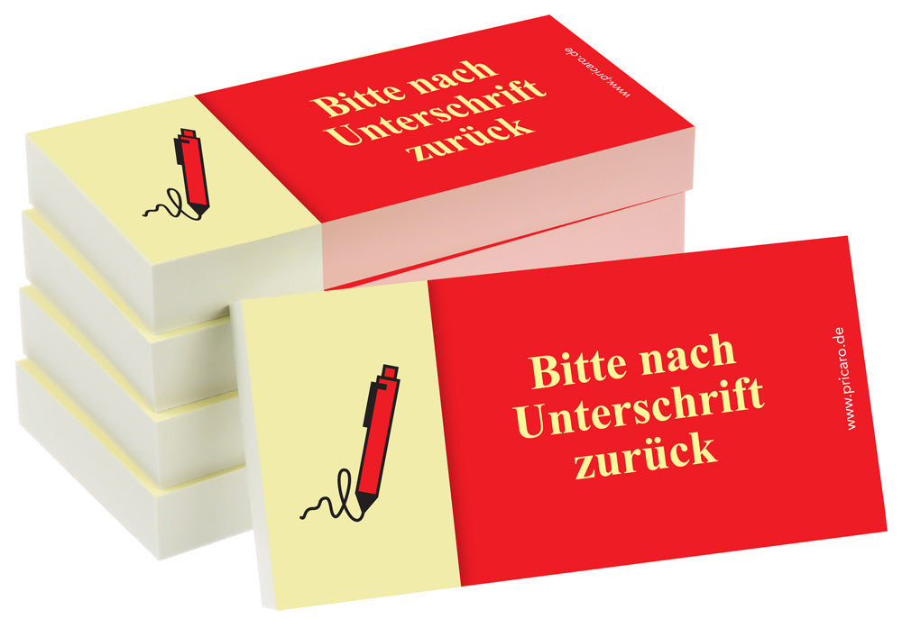 haftnotiz schmal, aufdruck "bitte nach unterschrift zurück", gelb-rote optik, 5er set