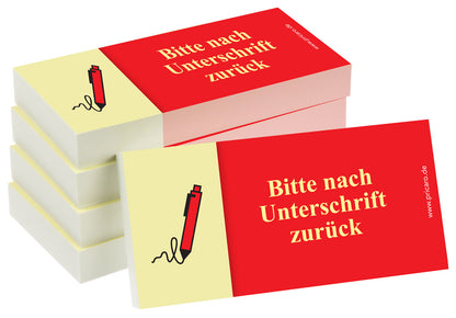 haftnotiz schmal, aufdruck "bitte nach unterschrift zurück", gelb-rote optik, 5er set