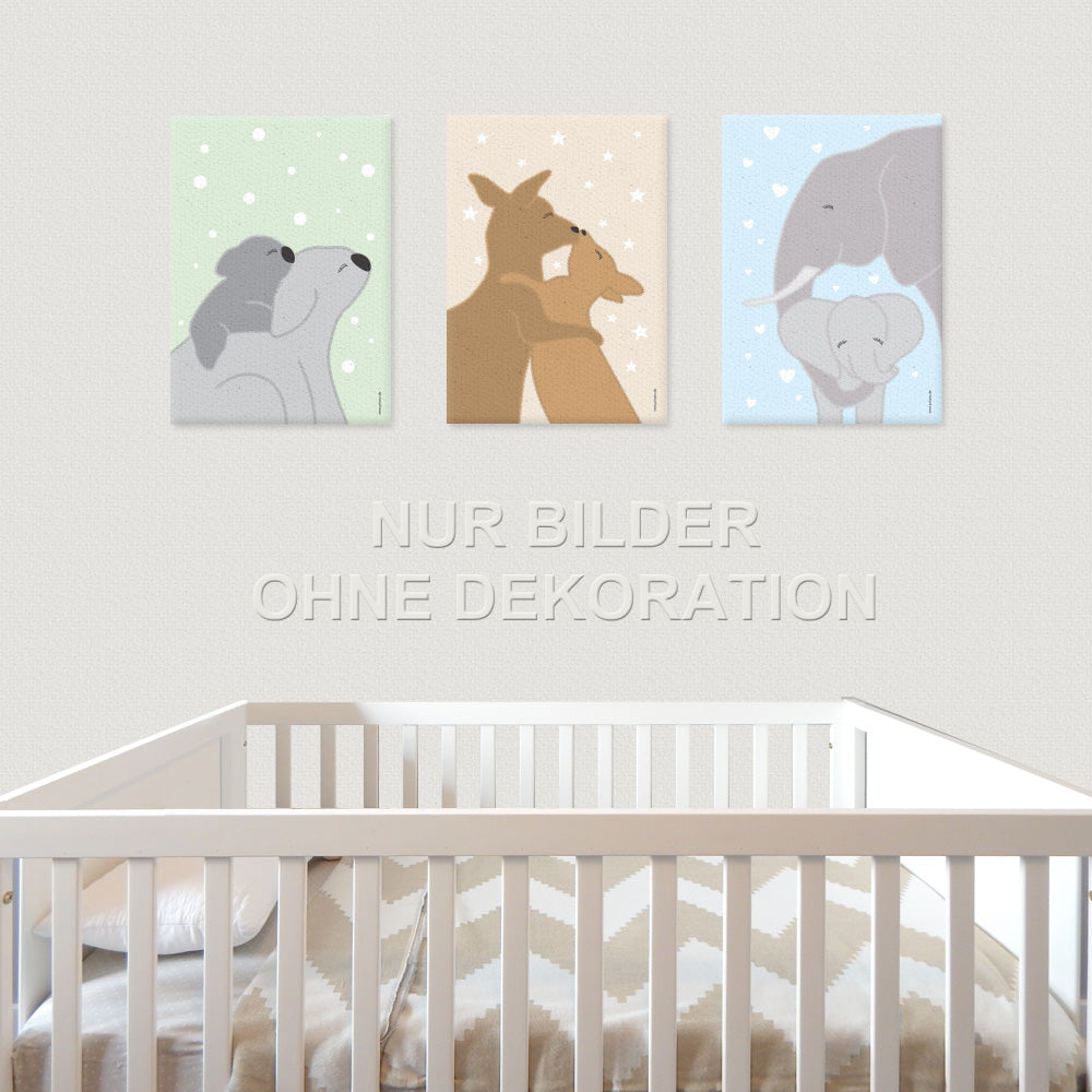leinwand set "tierliebe", 3 verschiedene tierarten auf buntem hintergrund (koala mama mit kind, kängurumama mit kind, elefantenmama mit kind), in kinderzimmer auf grauer tapete