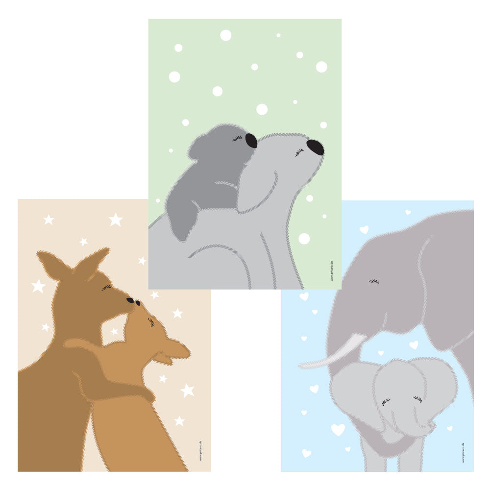 posterset "tierliebe", 3 verschiedene tierarten auf buntem hintergrund (koala mama mit kind, kängurumama mit kind, elefantenmama mit kind)