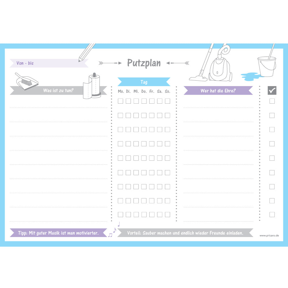 putzplan allerlei, a4. weiß, blau lilafarbene optik, illustrationen von haushaltsgegengständen und zeilen für aufgaben und zuständigkeiten, frontansicht