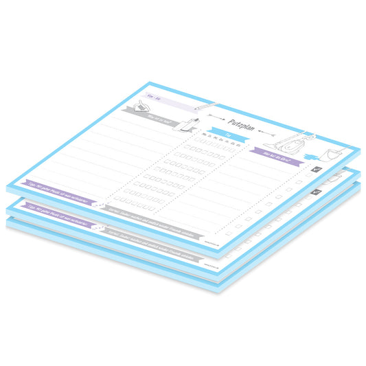 putzplan allerlei, a4. weiß, blau lilafarbene optik, illustrationen von haushaltsgegengständen und zeilen für aufgaben und zuständigkeiten, 3er set