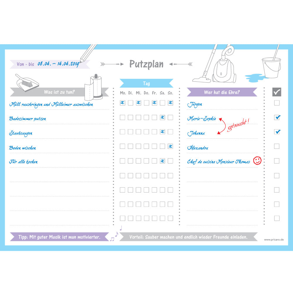 putzplan allerlei, a4. weiß, blau lilafarbene optik, illustrationen von haushaltsgegengständen und zeilen für aufgaben und zuständigkeiten, ausfüllbeispiel