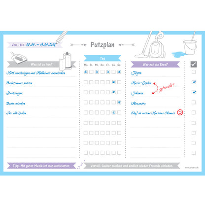 putzplan allerlei, a4. weiß, blau lilafarbene optik, illustrationen von haushaltsgegengständen und zeilen für aufgaben und zuständigkeiten, ausfüllbeispiel
