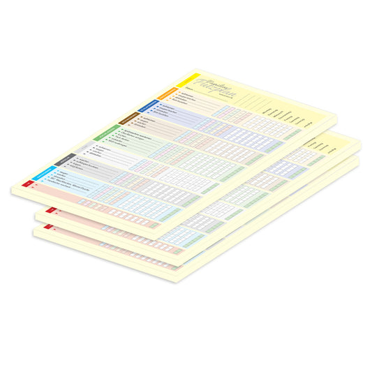 putzplan family, gelb-bunte optik mit spalten für verschiedene zimmer, wochentage und zuständigkeiten, 3er set
