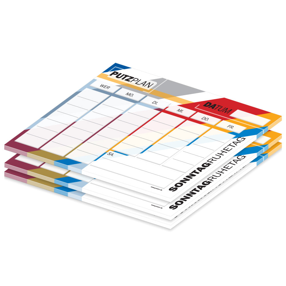 putzplan streifen, a4, bunte optik, mit spalten für tag und zuständigkeit, 3er set