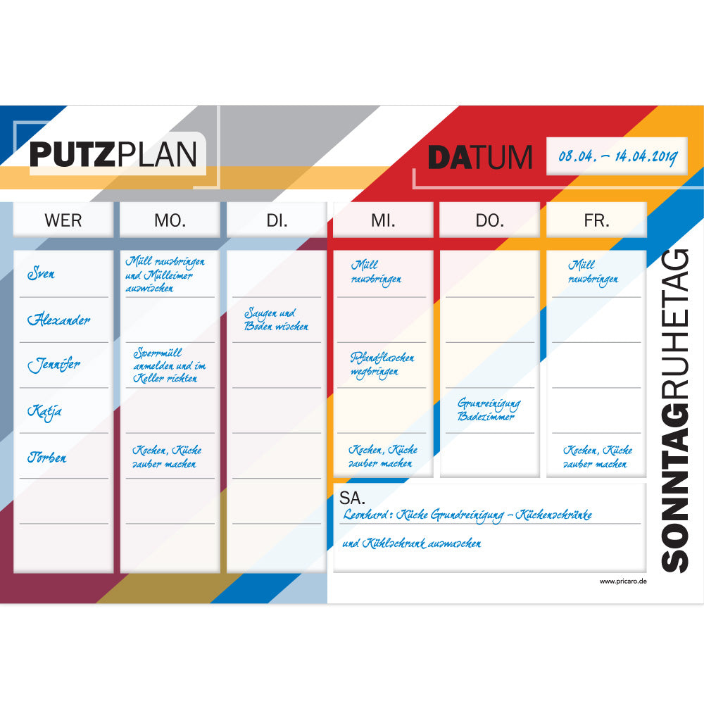 putzplan streifen, bunte optik mit spalten für wochentage in denen die jeweiligen aufgaben notiert werden können, ausfüllbeispiel