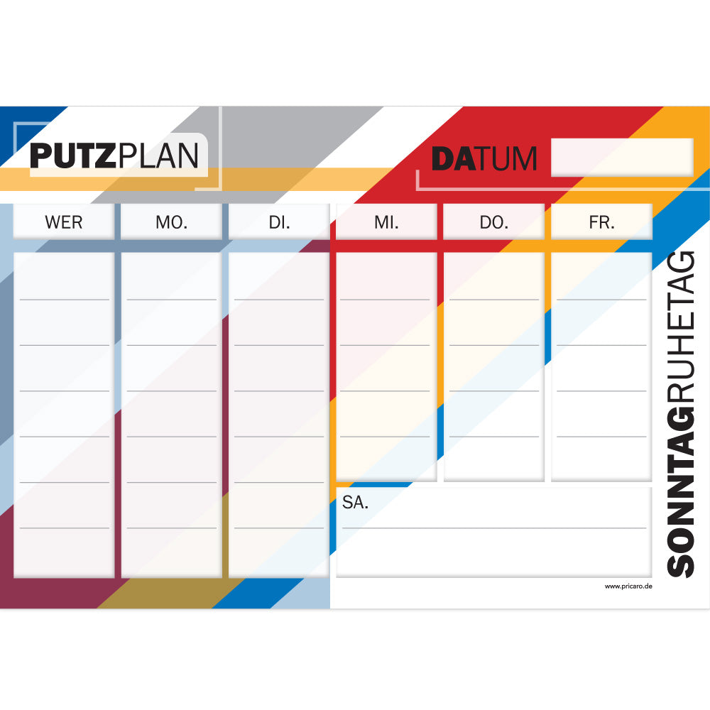 putzplan streifen, bunte optik mit spalten für wochentage in denen die jeweiligen aufgaben notiert werden können, front ansicht