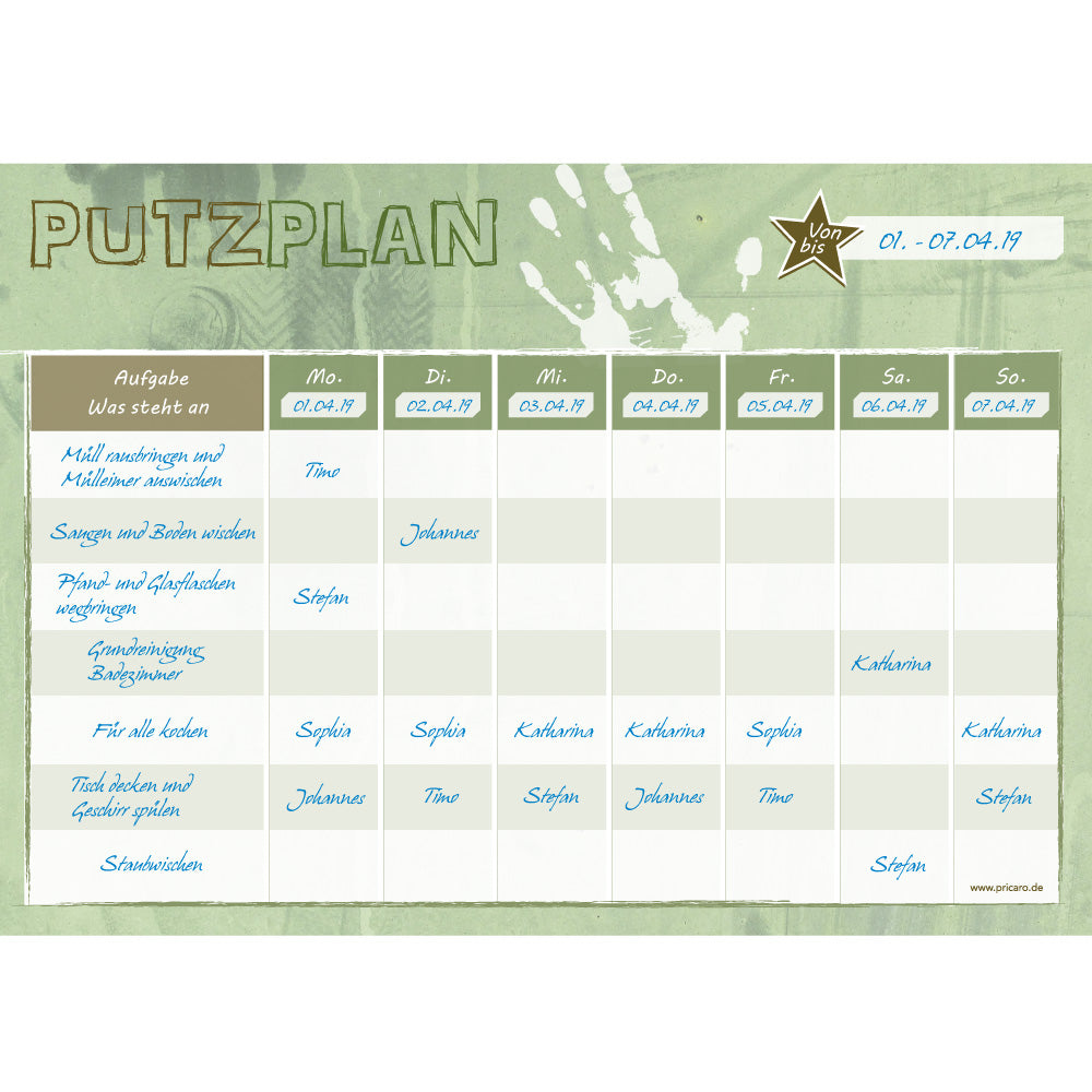 putzplan krimi, grüne optik mit spalten um aufgaben selbst zu notieren und für wochentage, ausfüllbeispiel
