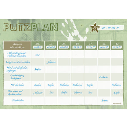putzplan krimi, grüne optik mit spalten um aufgaben selbst zu notieren und für wochentage, ausfüllbeispiel