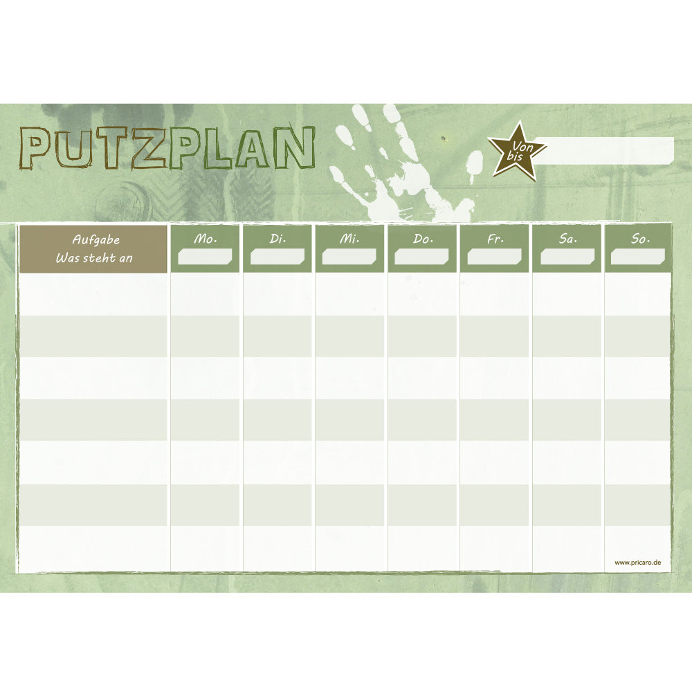 putzplan krimi, grüne optik mit spalten um aufgaben selbst zu notieren und für wochentage, front ansicht