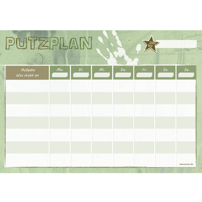 putzplan krimi, grüne optik mit spalten um aufgaben selbst zu notieren und für wochentage, front ansicht