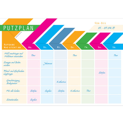 putzplan rainbow, bunte optik mit spalten um aufgaben selbst zu notieren und für wochentage, ausfüllbeispiel