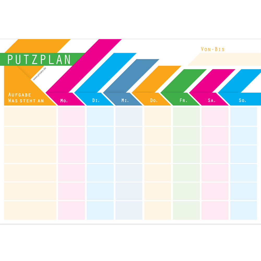 putzplan rainbow, bunte optik mit spalten um aufgaben selbst zu notieren und für wochentage, front ansicht