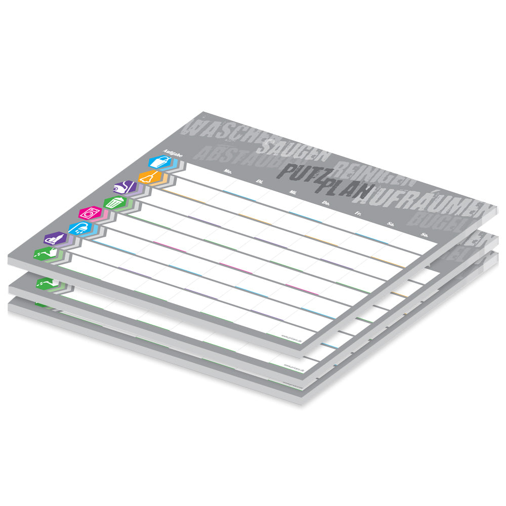 putzplan struktur, a4, graue optik mit bunten icons und mit spalten für tag und aufgaben, 3er set