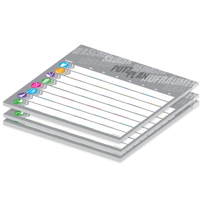 putzplan struktur a4, magnetisch, graue optik mit bunten icons für verschiedene aufgaben wie staubsagen, waschen uvm., 3er set
