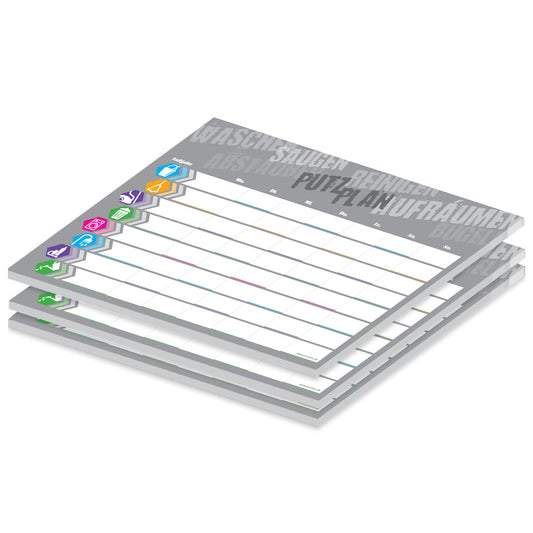 putzplan struktur a4, magnetisch, graue optik mit bunten icons für verschiedene aufgaben wie staubsagen, waschen uvm., 3er set
