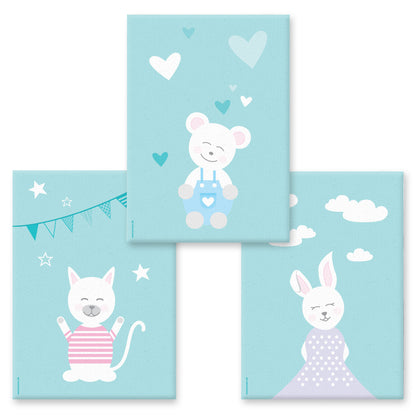 leinwand set "tier harmonie türkis" 3 verschiedene tiermotive auf türkisfarbenem hintergrund (katze, teddy, hase)
