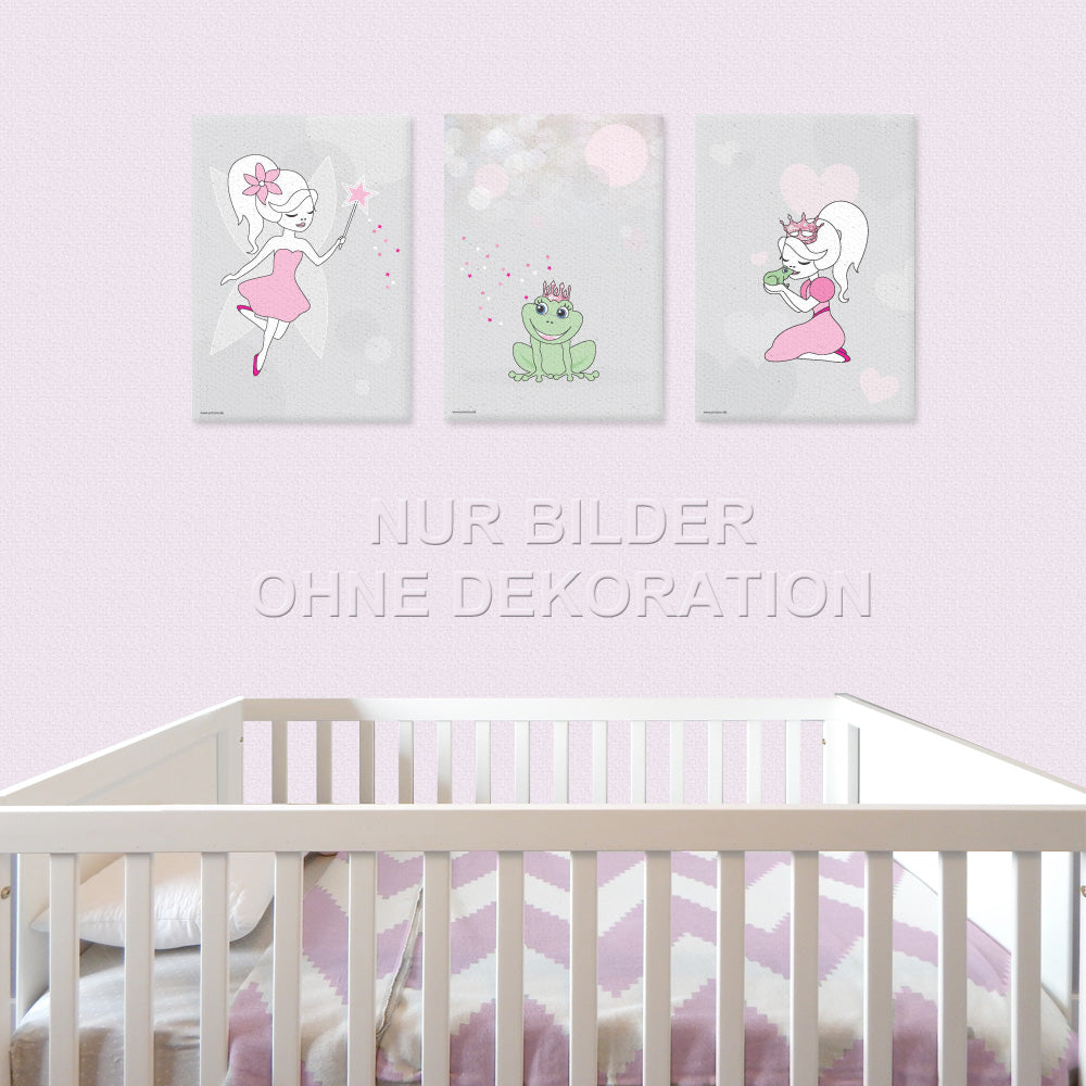 leinwand set "wunschfee" 3 verschiedenefeenmotive auf grauem hintergrund (fee mit zauberstab, prinzessin küsst frosch, froschkönig), in kinderzimmer auf rosa tapete