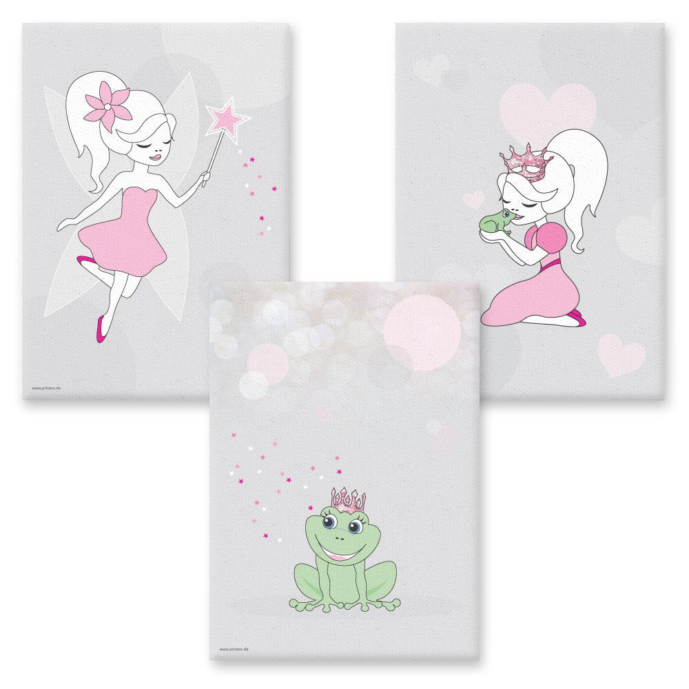 leinwand set "wunschfee" 3 verschiedenefeenmotive auf grauem hintergrund (fee mit zauberstab, prinzessin küsst frosch, froschkönig)