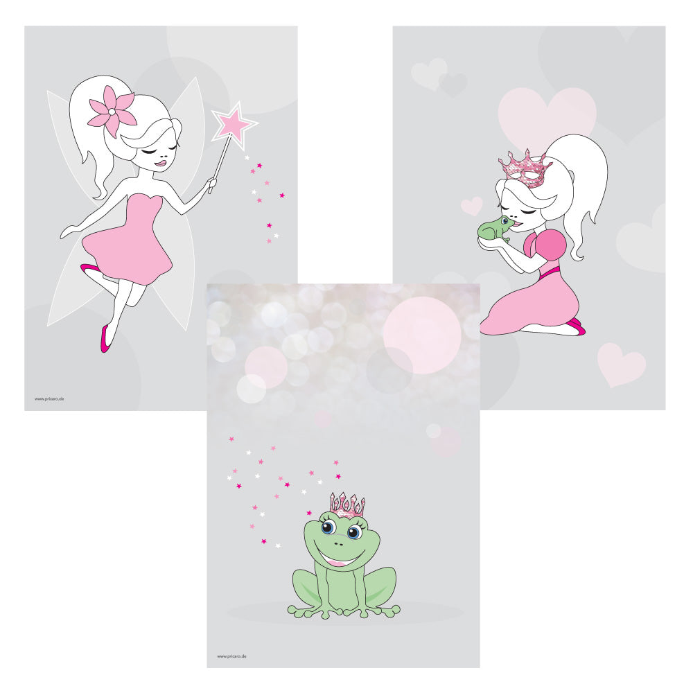 posterset "wunschfee" 3 verschiedenefeenmotive auf grauem hintergrund (fee mit zauberstab, prinzessin küsst frosch, froschkönig)