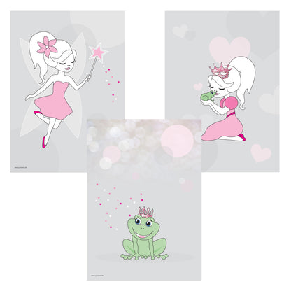 posterset "wunschfee" 3 verschiedenefeenmotive auf grauem hintergrund (fee mit zauberstab, prinzessin küsst frosch, froschkönig)