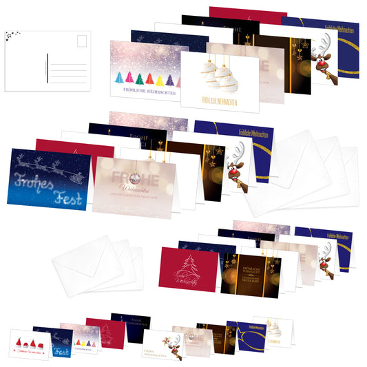 weihnachtskarten set motive 2, bestehend aus klappkarten in unterschiedlichen größen mit briefumschlägen und postkarten