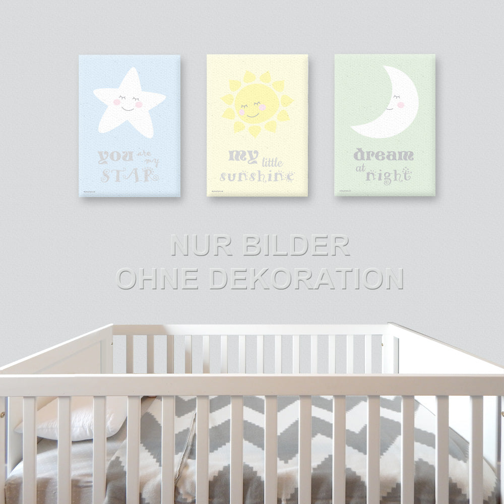 leinwand set "sonnemondstern", 3 verschiedene motive (stern, sonne, mond), in kinderzimmer auf grauer tapete