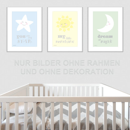 posterset "sonnemondstern", 3 verschiedene motive (stern, sonne, mond), in kinderzimmer auf grauer tapete