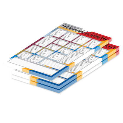 einkaufsliste system streifen bunt, a5, mit aufgeführten lebensmitteln und feldern zum ankreuzen, welches lebensmittel benötigt wird, bunte optik,3er set