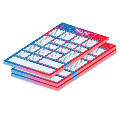 einkaufsliste system technik, blau-rot, a5, mit aufgeführten lebensmitteln und feldern zum ankreuzen, welches lebensmittel benötigt wird, 3er set