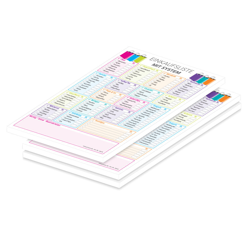 einkaufsliste system taschen, bunt, a5, mit aufgeführten lebensmitteln und feldern zum ankreuzen, welches lebensmittel benötigt wird, 3er set