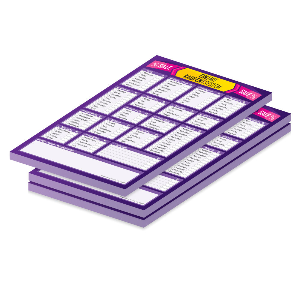 einkaufsliste system sale, lila, a5, mit aufgeführten lebensmitteln und feldern zum ankreuzen, welches lebensmittel benötigt wird, 3er set
