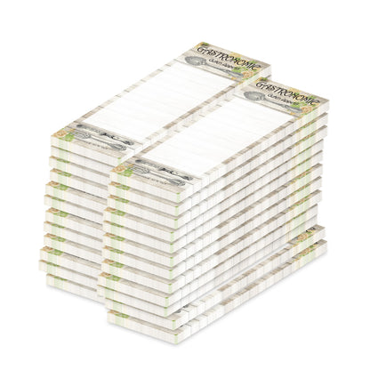 kellnerblock rustikal, grau, grüne optik mit abgebildetem besteck (löffel oben, messer und gabel unten) und der aufschrift "gastronomie, guten appetit", 24er set