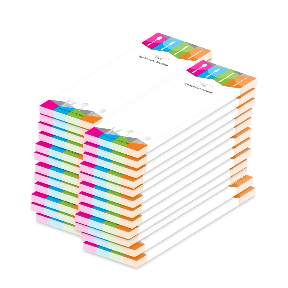 kellnerblock bunt, weiß,bunte optik mit abgebildetem besteck und einer zeile für die tischnummer und der überschrift "speisen und getränke", 24er set