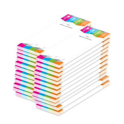 kellnerblock bunt, weiß,bunte optik mit abgebildetem besteck und einer zeile für die tischnummer und der überschrift "speisen und getränke", 24er set