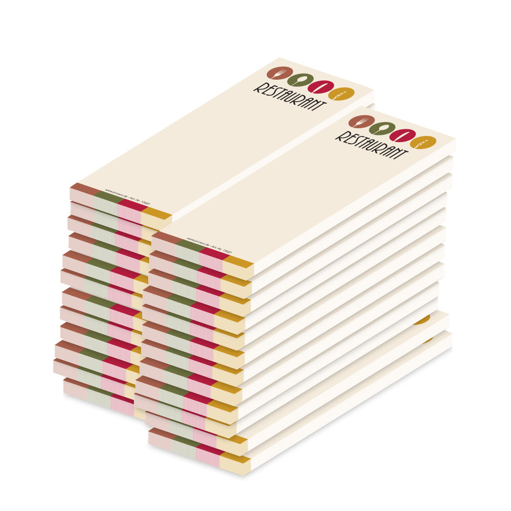 kellnerblock restaurant, beige, bunte optik mit der aufschrift "restaurant", 24er set