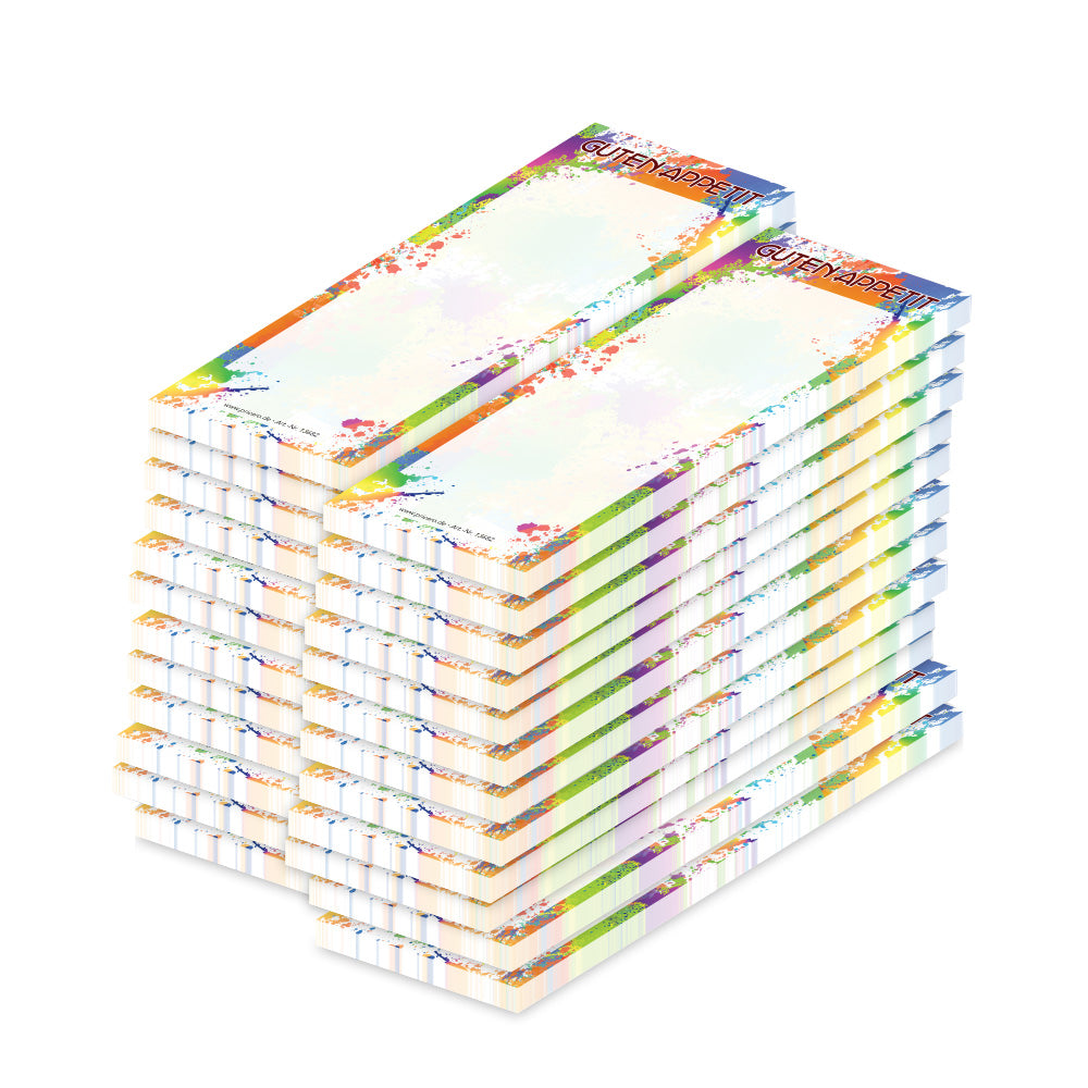 kellnerblock splash, bunte optik mit farbkleksen und der aufschrift "guten appetit", 24er set