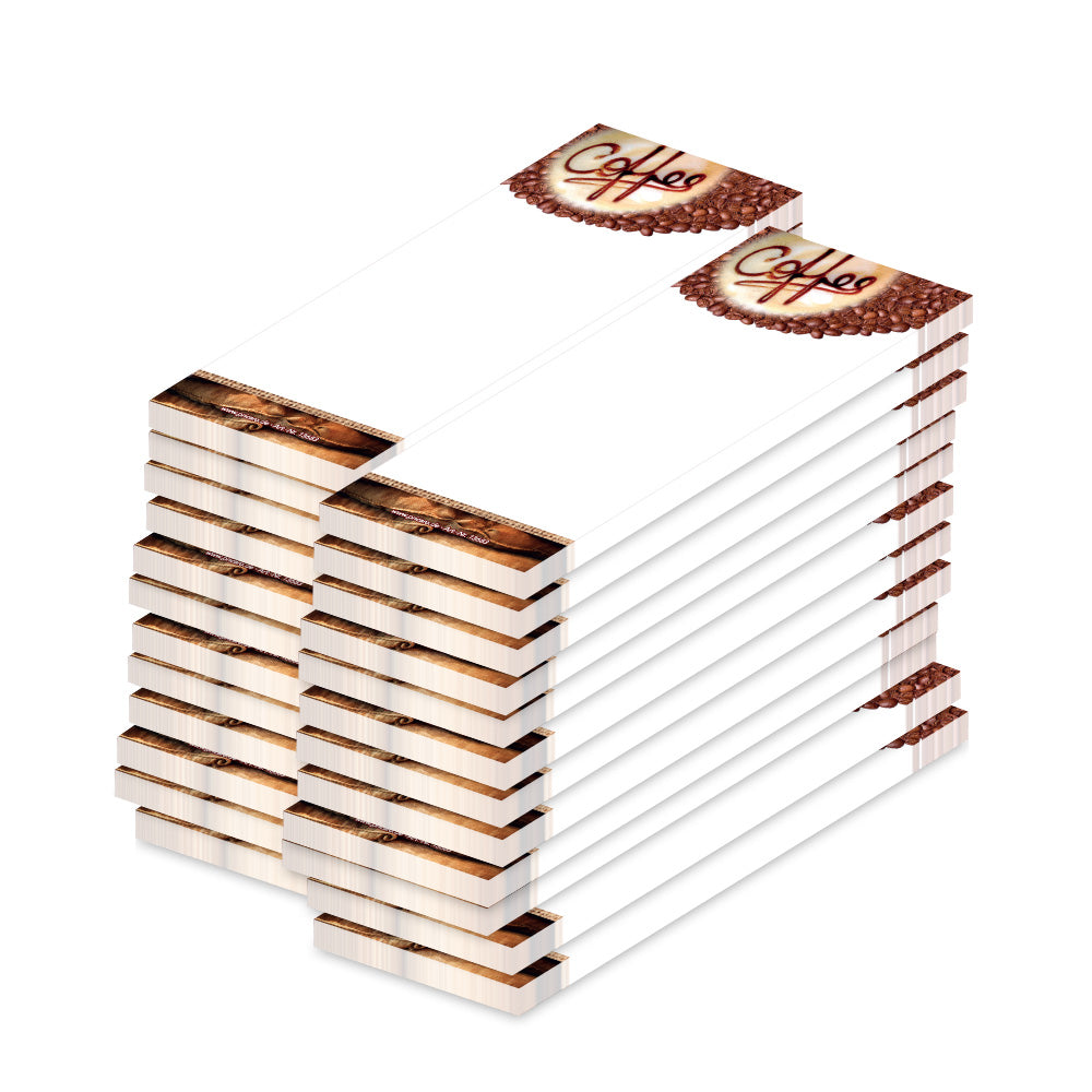 kellnerblock roestung, weiß, braune optik mit abgebildeten kaffeebohnen im oberen bereich und der aufschrift "coffee", 24er set