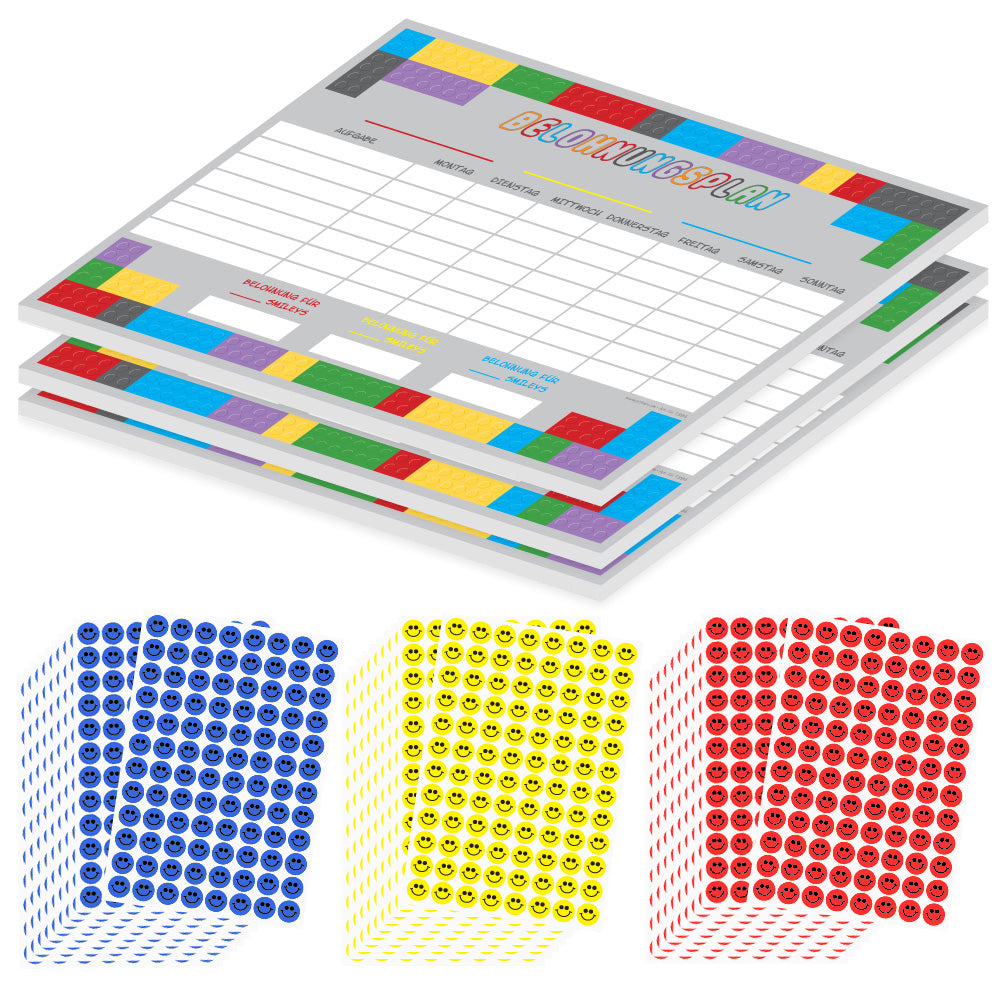 belohnungsplan bausteine, grau bunte optik, geeignet für bis zu drei kinder, 3er set mit aufklebern