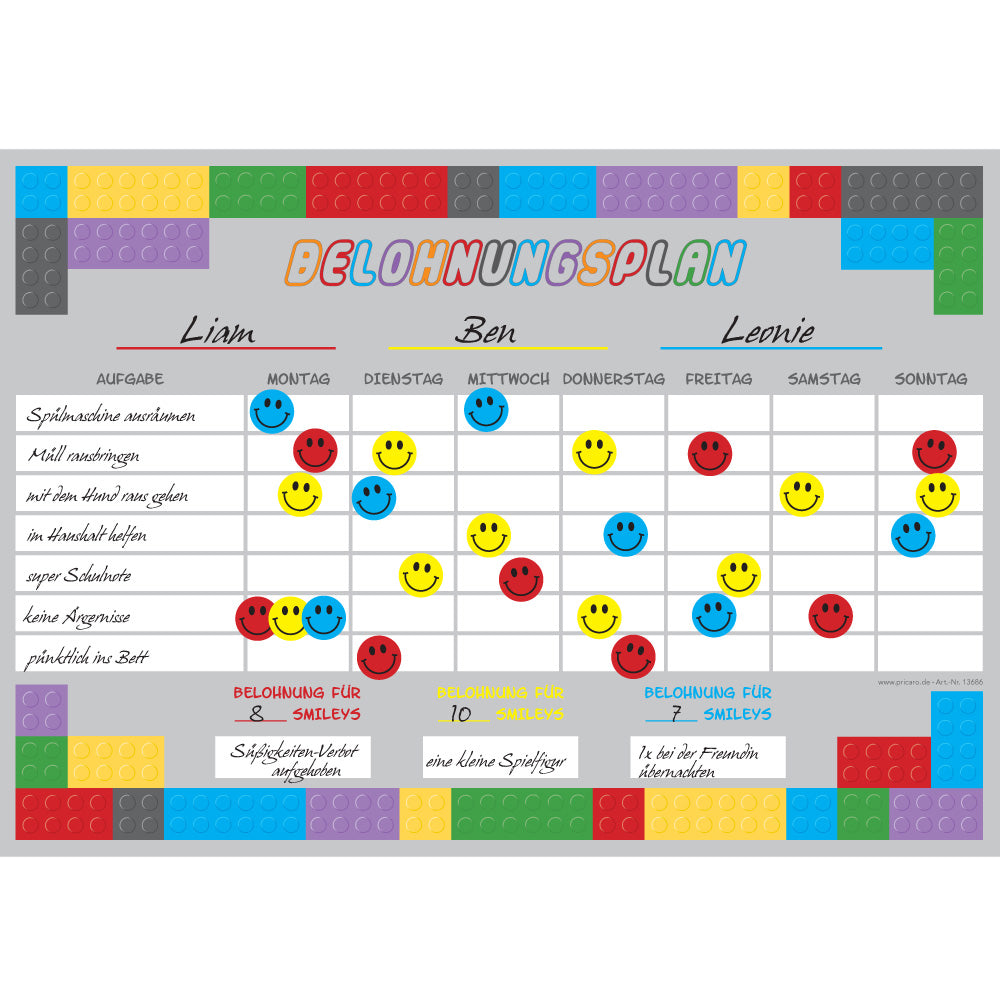 belohnungsplan bausteine, grau bunte optik, geeignet für bis zu drei kinder, ausfüllbeispiel