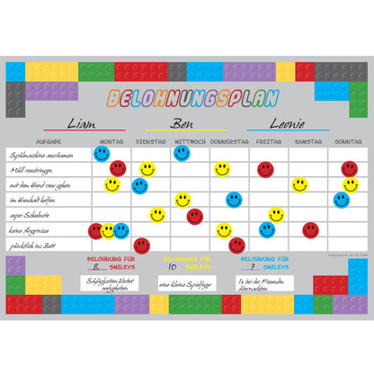 belohnungsplan bausteine, grau bunte optik, geeignet für bis zu drei kinder, ausfüllbeispiel