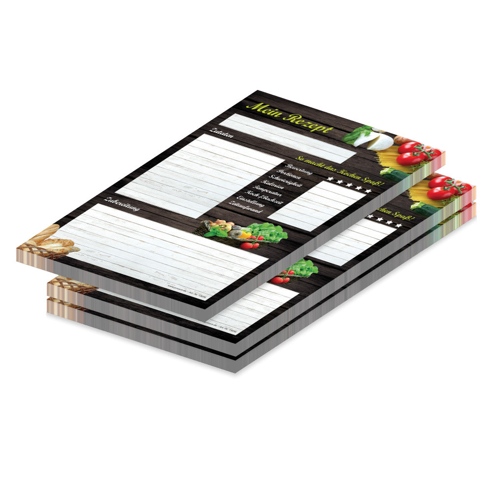 rezeptblock mediterran, a5, braun-weiße optik mit abgedruckten lebensmitteln, ausreichend platz für rezept, anleitung und zutaten, 3er set